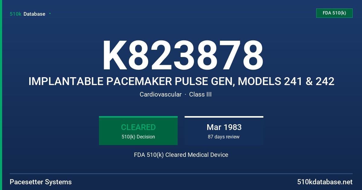 K823878 IMPLANTABLE PACEMAKER PULSE GEN, MODELS 241 & 242 FDA 510(k) Cleared Medical Device