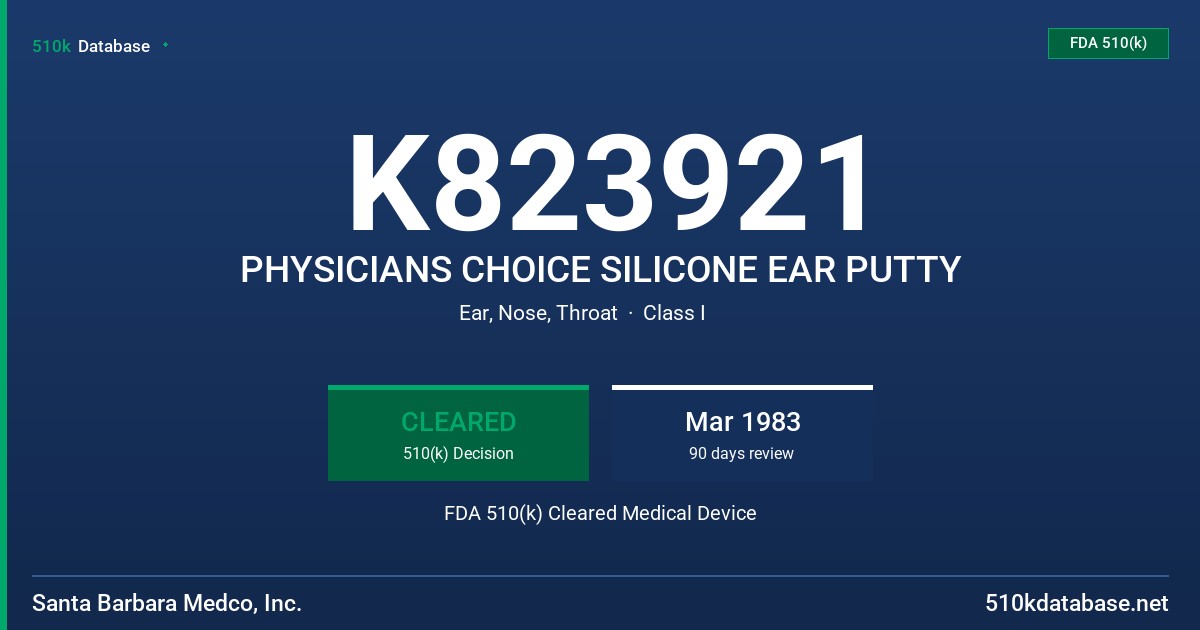 K823921 PHYSICIANS CHOICE SILICONE EAR PUTTY FDA 510(k) Cleared Medical Device
