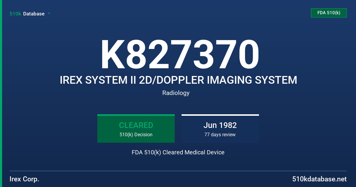 K827370 IREX SYSTEM II 2D/DOPPLER IMAGING SYSTEM FDA 510(k) Cleared Medical Device