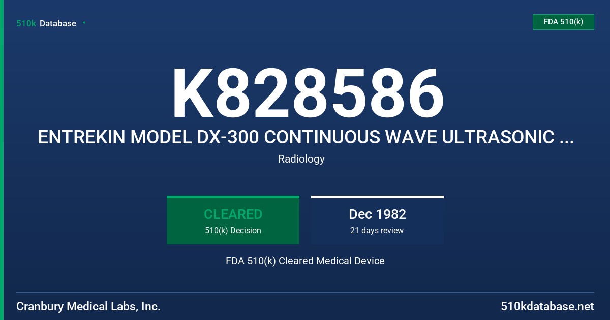 K828586 ENTREKIN MODEL DX-300 CONTINUOUS WAVE ULTRASONIC DOPPLER TRANSDUCER FDA 510(k) Cleared Medical Device