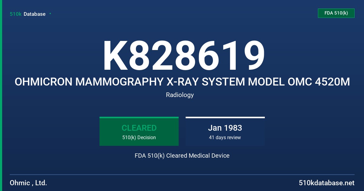 K828619 OHMICRON MAMMOGRAPHY X-RAY SYSTEM MODEL OMC 4520M FDA 510(k) Cleared Medical Device