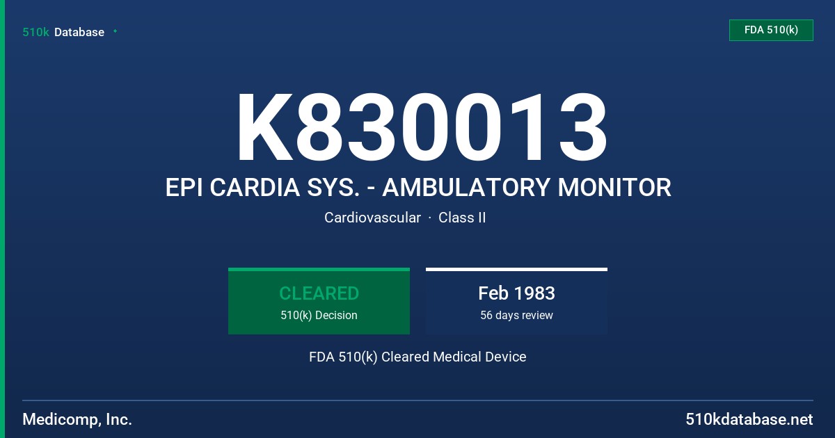 K830013 EPI CARDIA SYS. - AMBULATORY MONITOR FDA 510(k) Cleared Medical Device