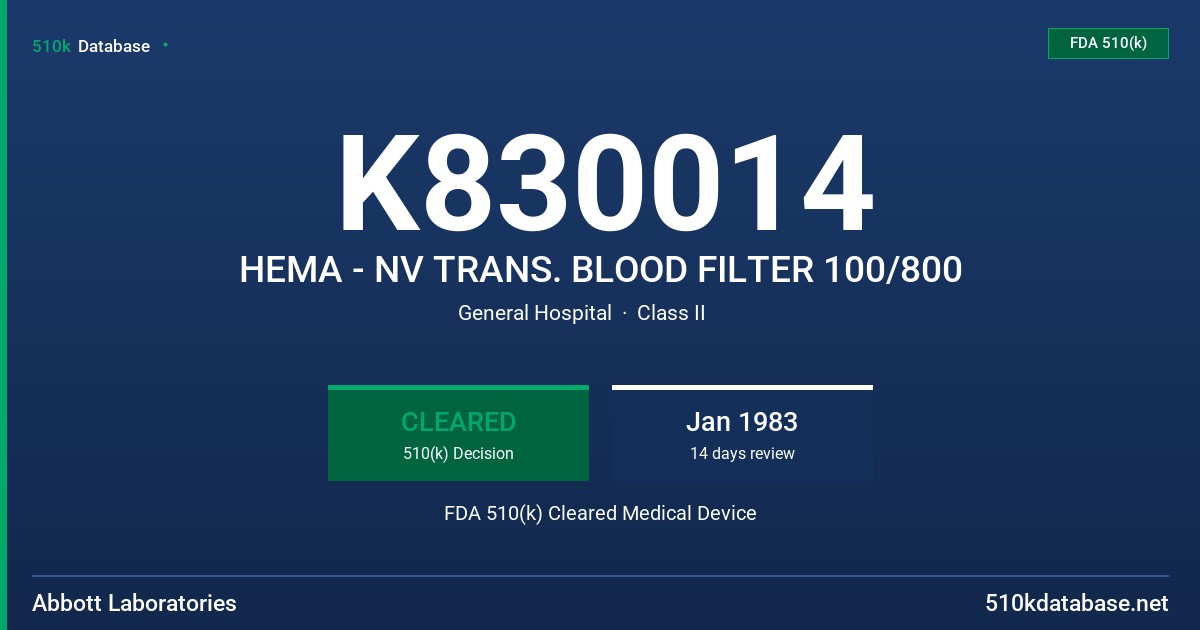 K830014 HEMA - NV TRANS. BLOOD FILTER 100/800 FDA 510(k) Cleared Medical Device