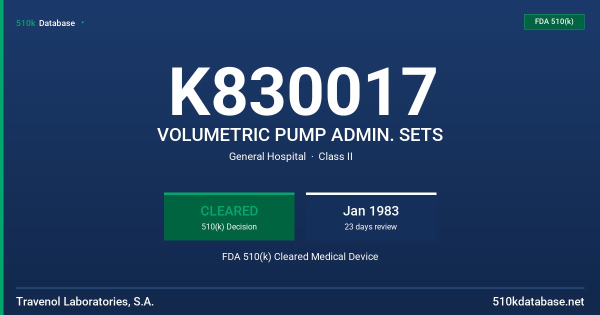 K830017 VOLUMETRIC PUMP ADMIN. SETS FDA 510(k) Cleared Medical Device
