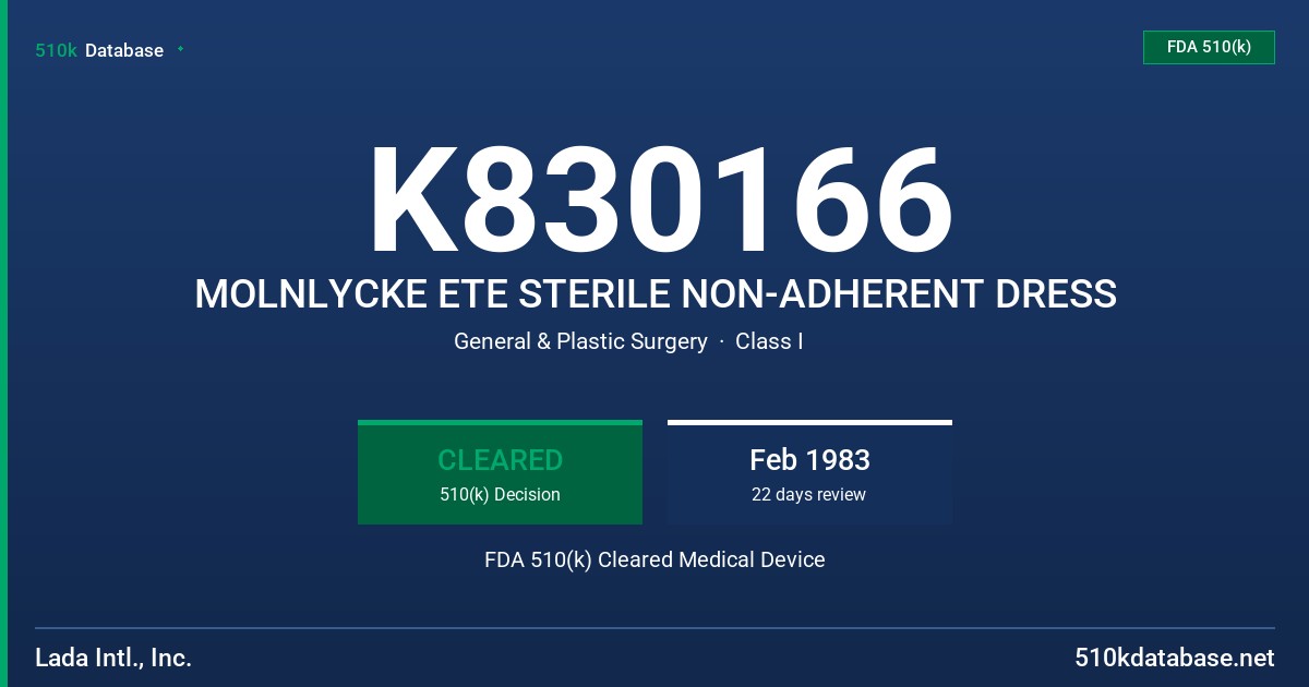K830166 MOLNLYCKE ETE STERILE NON-ADHERENT DRESS FDA 510(k) Cleared Medical Device