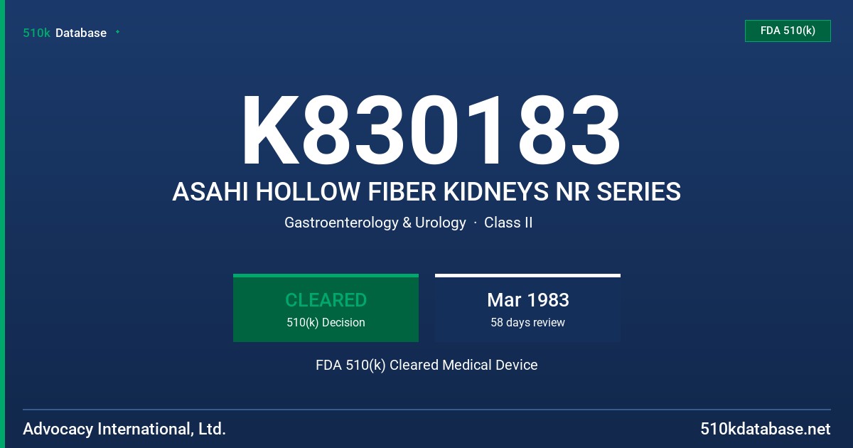 K830183 ASAHI HOLLOW FIBER KIDNEYS NR SERIES FDA 510(k) Cleared Medical Device
