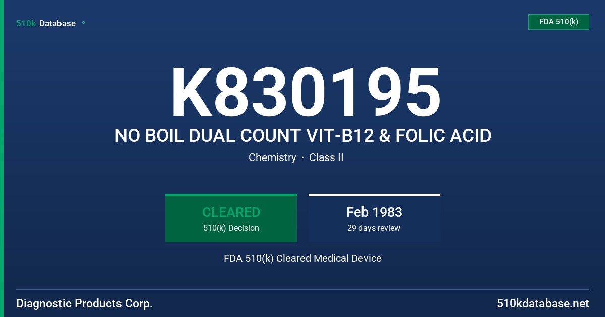 K830195 NO BOIL DUAL COUNT VIT-B12 & FOLIC ACID FDA 510(k) Cleared Medical Device