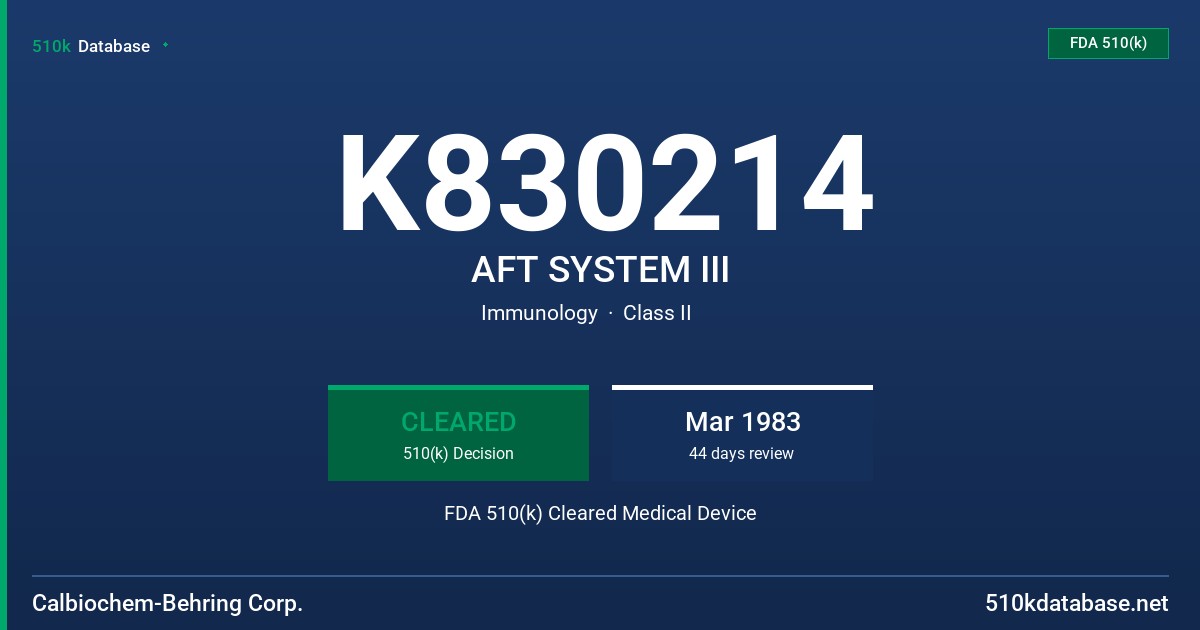 K830214 AFT SYSTEM III FDA 510(k) Cleared Medical Device