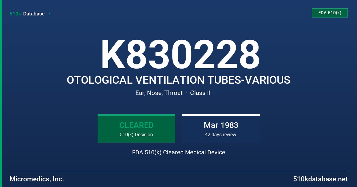 K830228 OTOLOGICAL VENTILATION TUBES-VARIOUS FDA 510(k) Cleared Medical Device