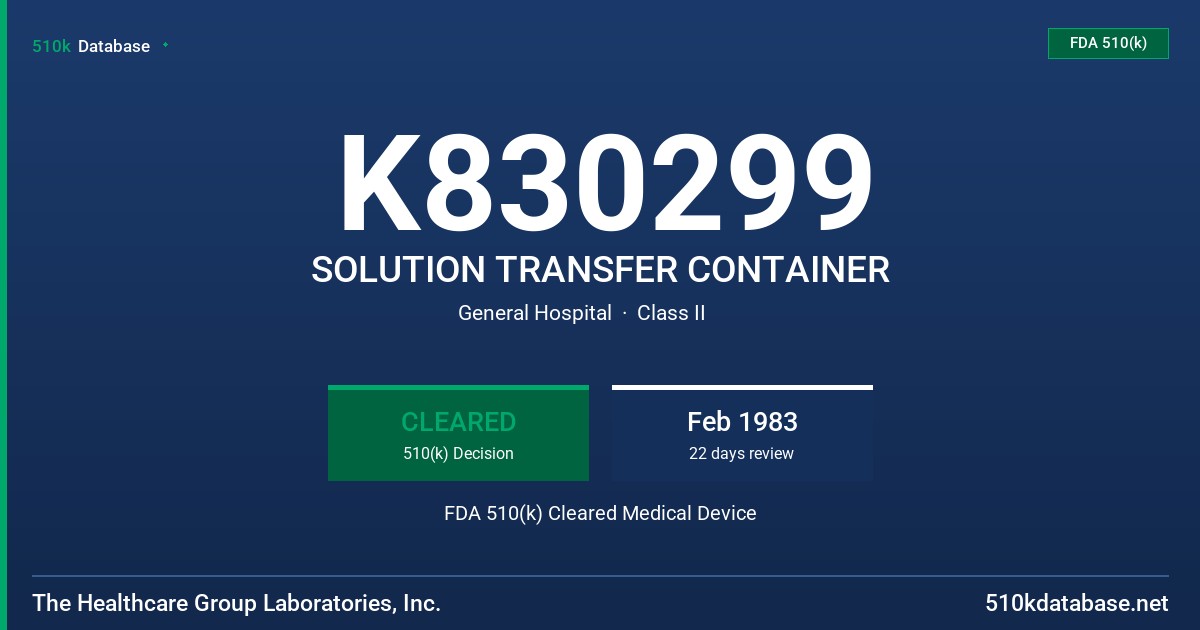 K830299 SOLUTION TRANSFER CONTAINER FDA 510(k) Cleared Medical Device