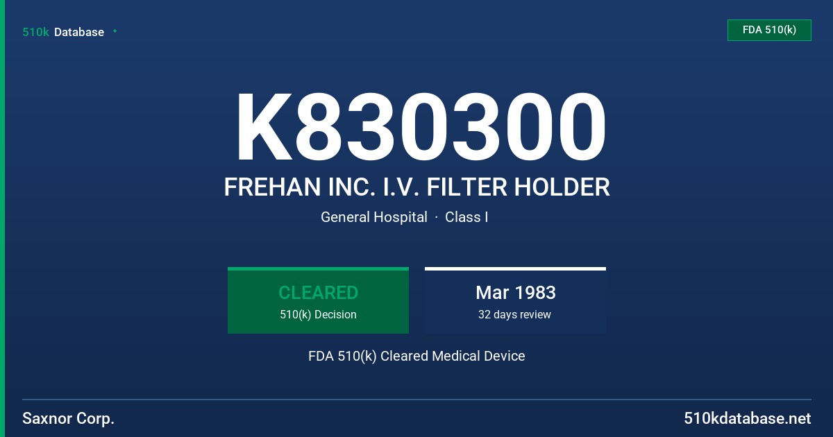 K830300 FREHAN INC. I.V. FILTER HOLDER FDA 510(k) Cleared Medical Device