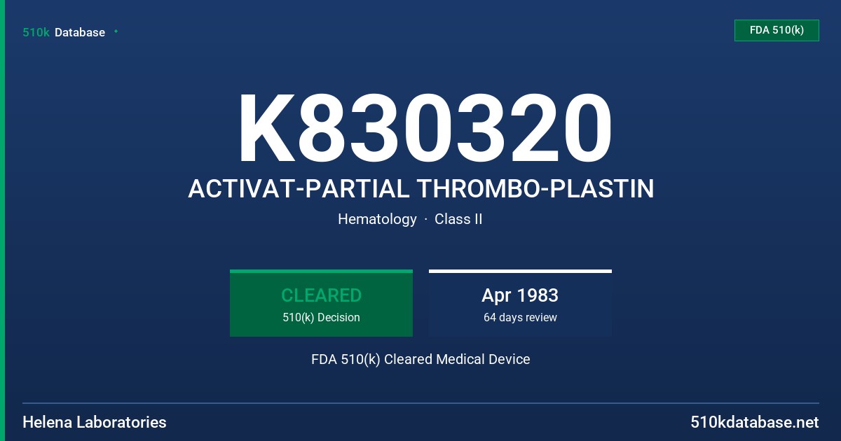 K830320 ACTIVAT-PARTIAL THROMBO-PLASTIN FDA 510(k) Cleared Medical Device