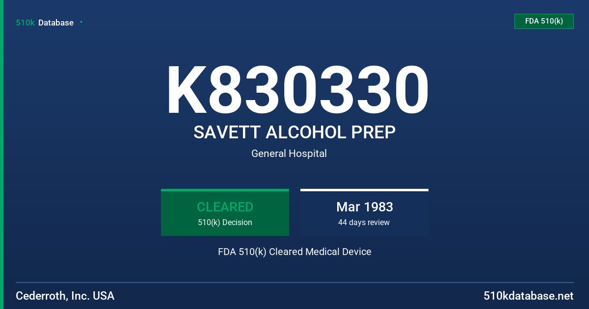 K830330 SAVETT ALCOHOL PREP FDA 510(k) Cleared Medical Device