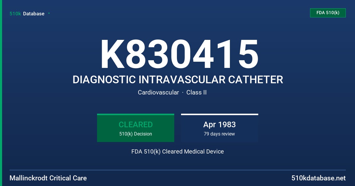 K830415 DIAGNOSTIC INTRAVASCULAR CATHETER FDA 510(k) Cleared Medical Device