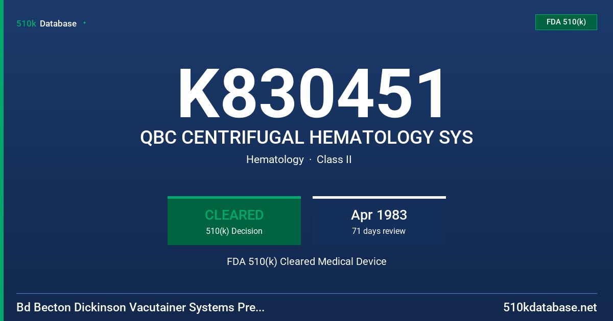 K830451 QBC CENTRIFUGAL HEMATOLOGY SYS FDA 510(k) Cleared Medical Device