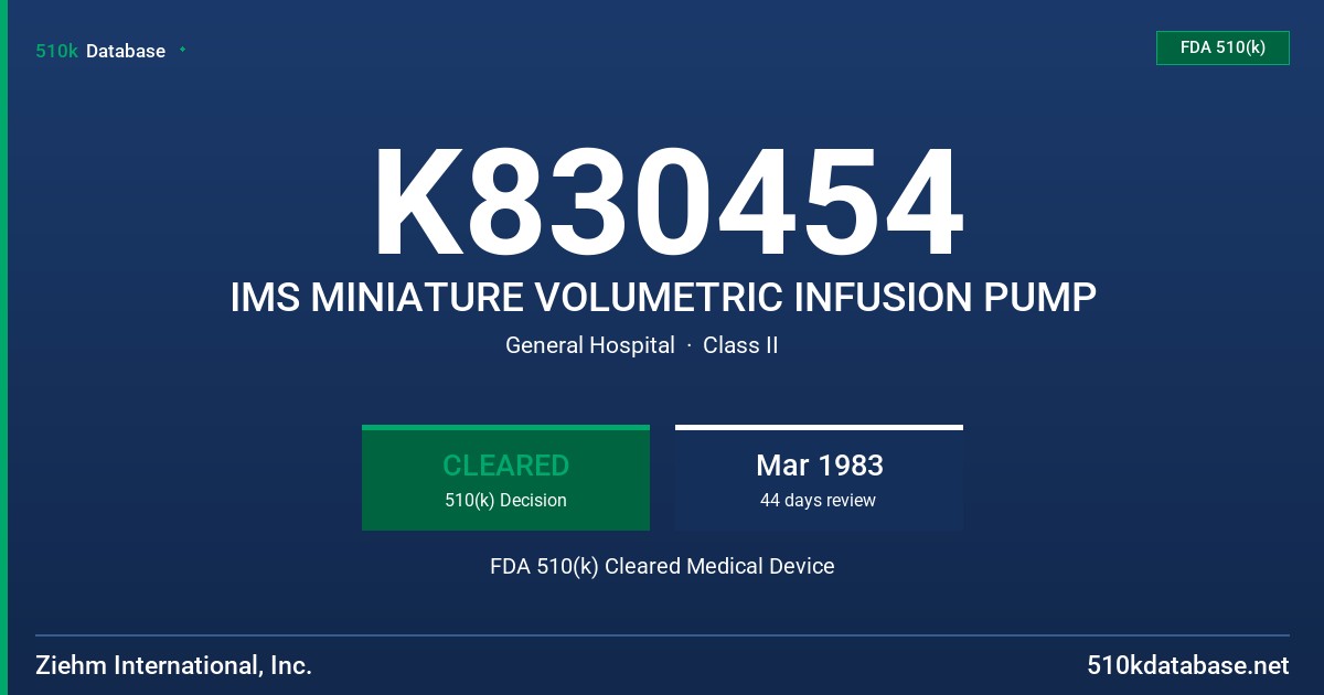 K830454 IMS MINIATURE VOLUMETRIC INFUSION PUMP FDA 510(k) Cleared Medical Device
