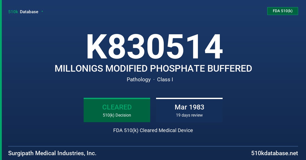 K830514 MILLONIGS MODIFIED PHOSPHATE BUFFERED FDA 510(k) Cleared Medical Device