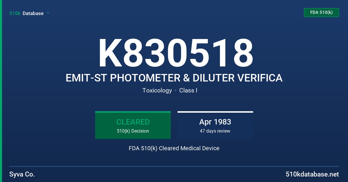 K830518 EMIT-ST PHOTOMETER & DILUTER VERIFICA FDA 510(k) Cleared Medical Device