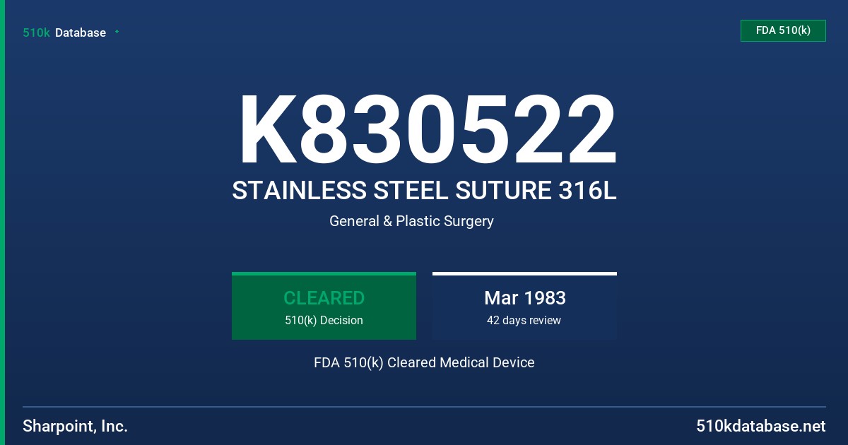 K830522 STAINLESS STEEL SUTURE 316L FDA 510(k) Cleared Medical Device