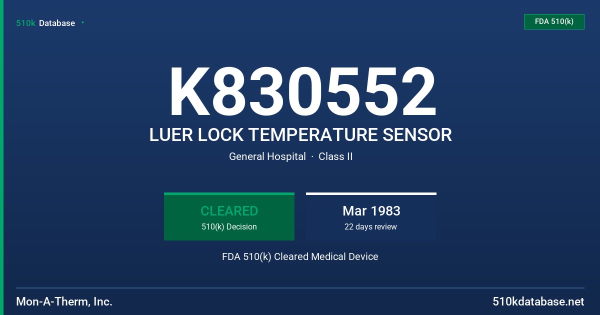 K830552 LUER LOCK TEMPERATURE SENSOR FDA 510(k) Cleared Medical Device