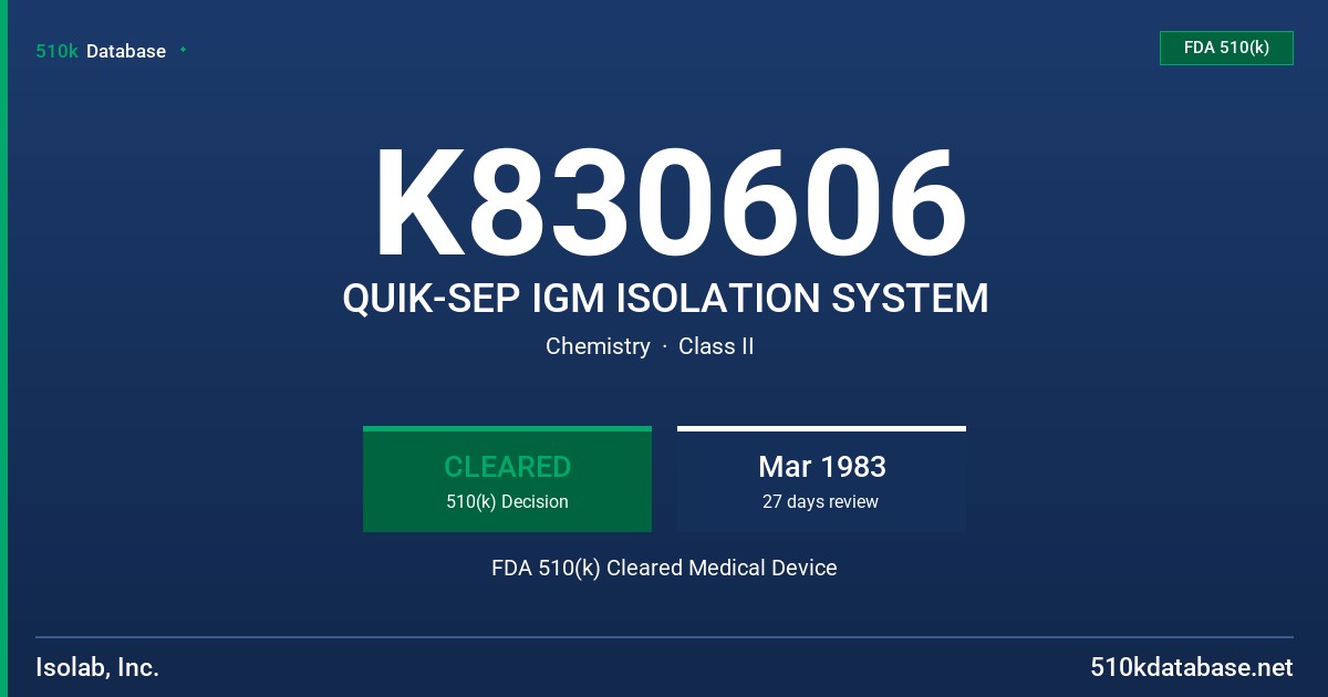 K830606 QUIK-SEP IGM ISOLATION SYSTEM FDA 510(k) Cleared Medical Device