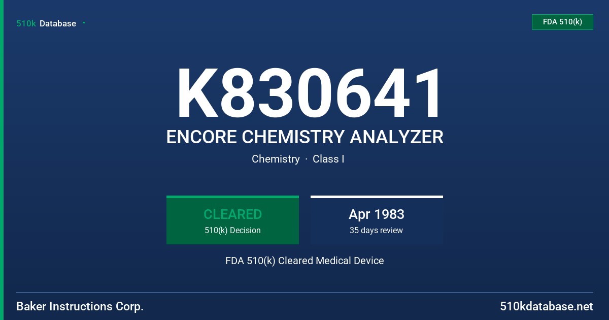 K830641 ENCORE CHEMISTRY ANALYZER FDA 510(k) Cleared Medical Device