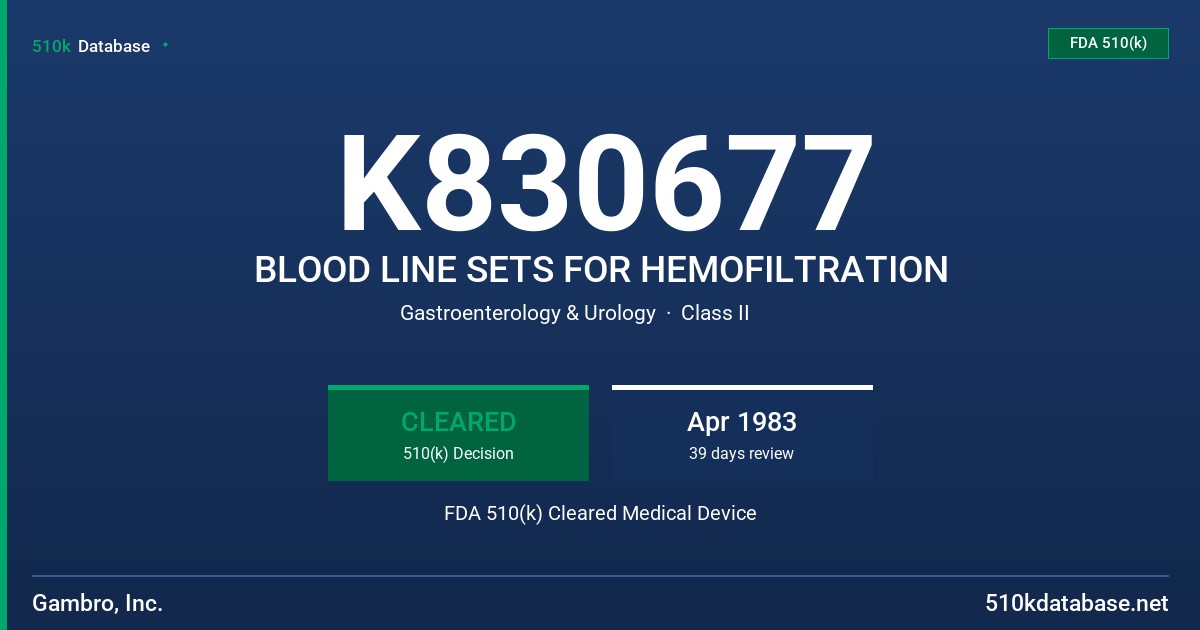 K830677 BLOOD LINE SETS FOR HEMOFILTRATION FDA 510(k) Cleared Medical Device