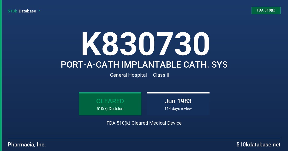 K830730 PORT-A-CATH IMPLANTABLE CATH. SYS FDA 510(k) Cleared Medical Device