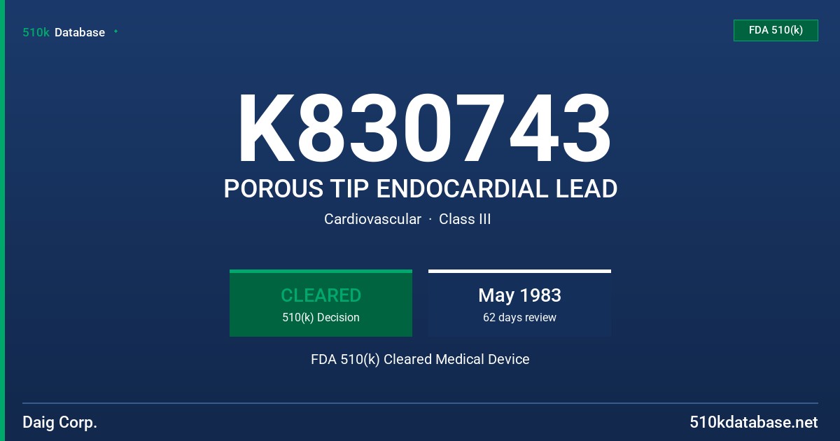 K830743 POROUS TIP ENDOCARDIAL LEAD FDA 510(k) Cleared Medical Device