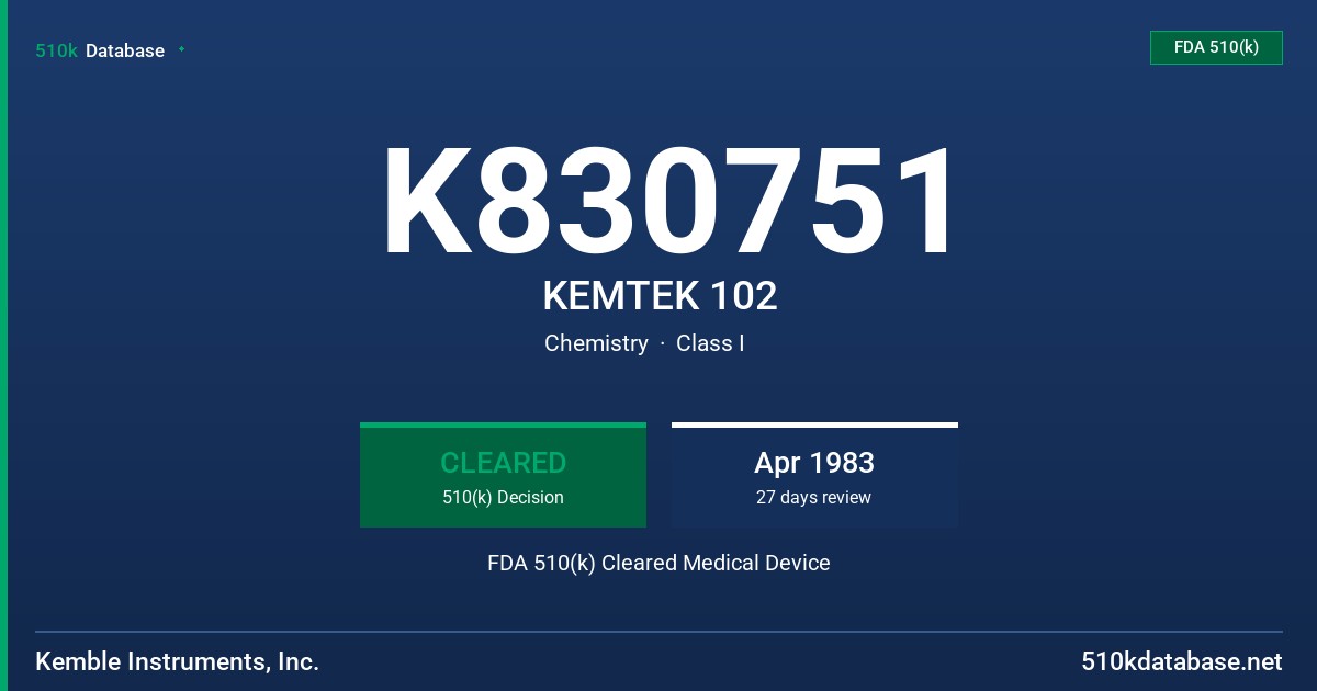 K830751 KEMTEK 102 FDA 510(k) Cleared Medical Device