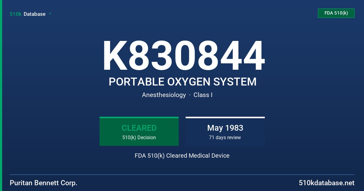 K830844 PORTABLE OXYGEN SYSTEM FDA 510(k) Cleared Medical Device