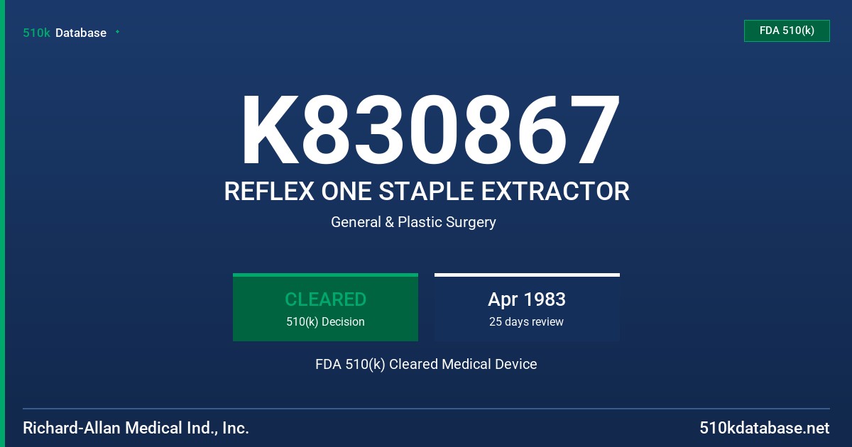 K830867 REFLEX ONE STAPLE EXTRACTOR FDA 510(k) Cleared Medical Device