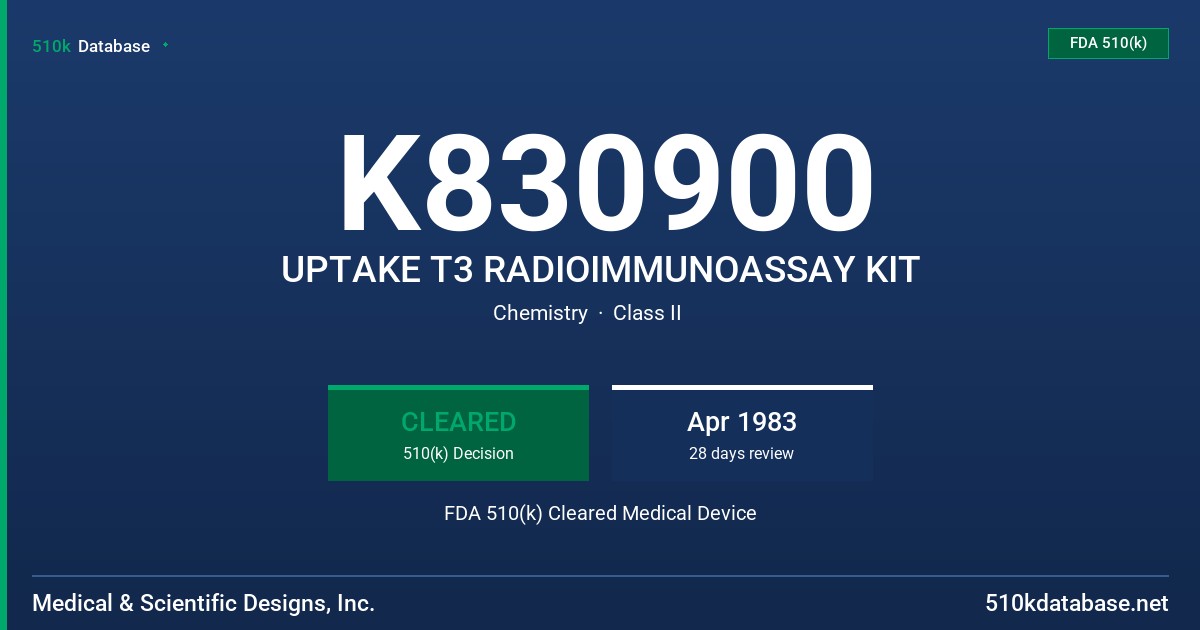 K830900 UPTAKE T3 RADIOIMMUNOASSAY KIT FDA 510(k) Cleared Medical Device