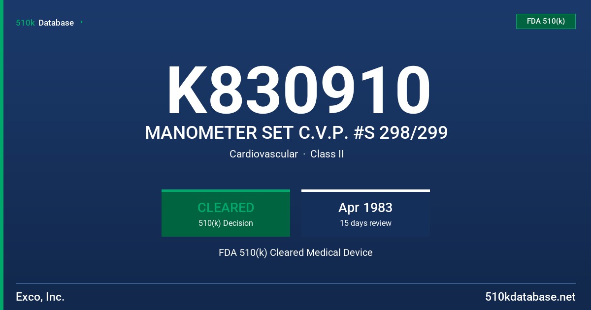 K830910 MANOMETER SET C.V.P. #S 298/299 FDA 510(k) Cleared Medical Device