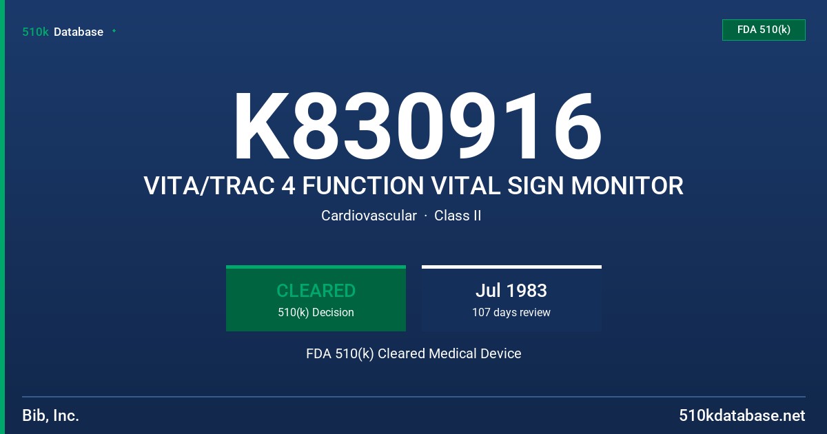 K830916 VITA/TRAC 4 FUNCTION VITAL SIGN MONITOR FDA 510(k) Cleared Medical Device
