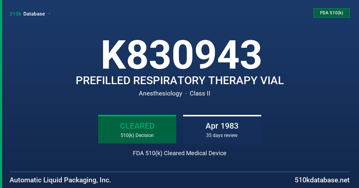 K830943 PREFILLED RESPIRATORY THERAPY VIAL FDA 510(k) Cleared Medical Device