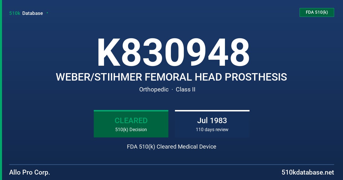 K830948 WEBER/STIIHMER FEMORAL HEAD PROSTHESIS FDA 510(k) Cleared Medical Device