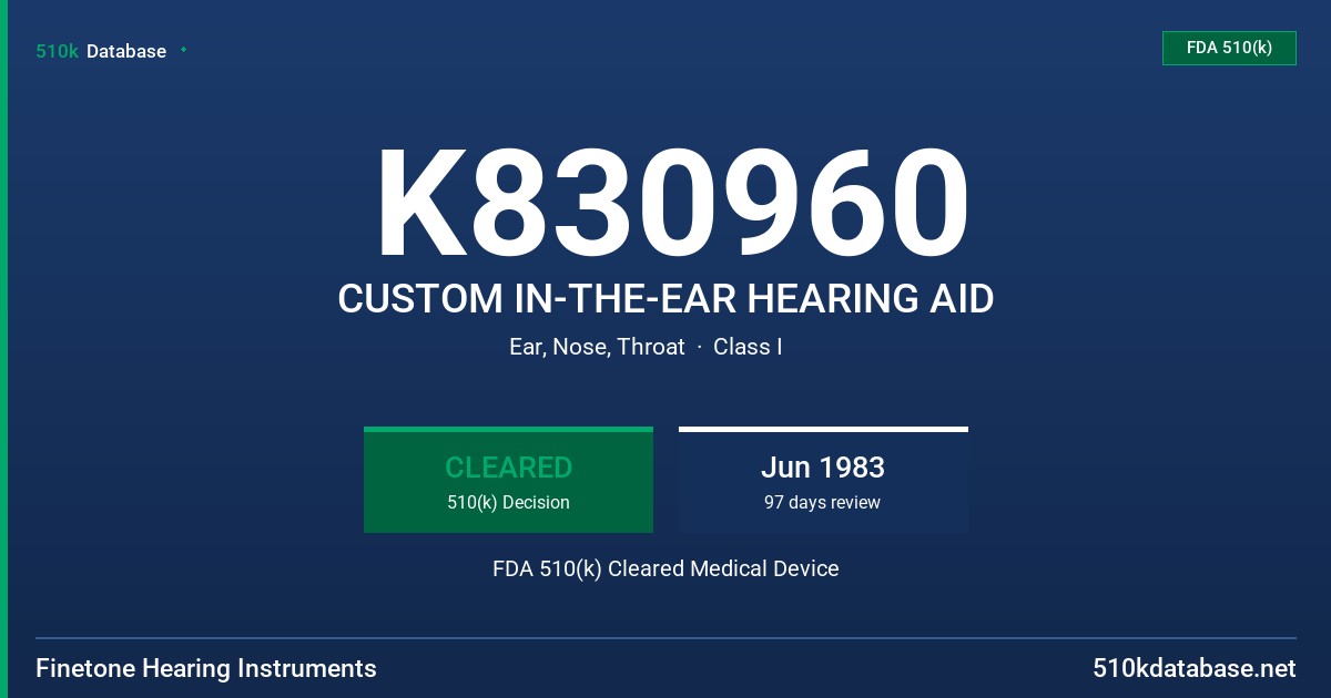K830960 CUSTOM IN-THE-EAR HEARING AID FDA 510(k) Cleared Medical Device