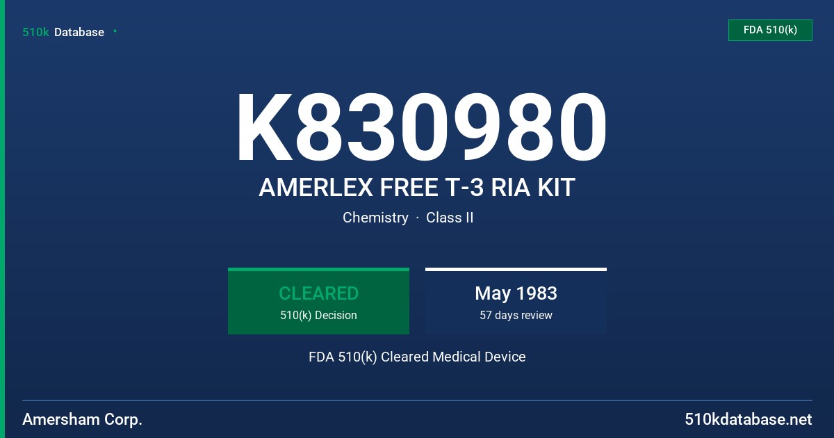 K830980 AMERLEX FREE T-3 RIA KIT FDA 510(k) Cleared Medical Device