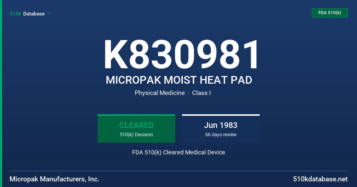 K830981 MICROPAK MOIST HEAT PAD FDA 510(k) Cleared Medical Device