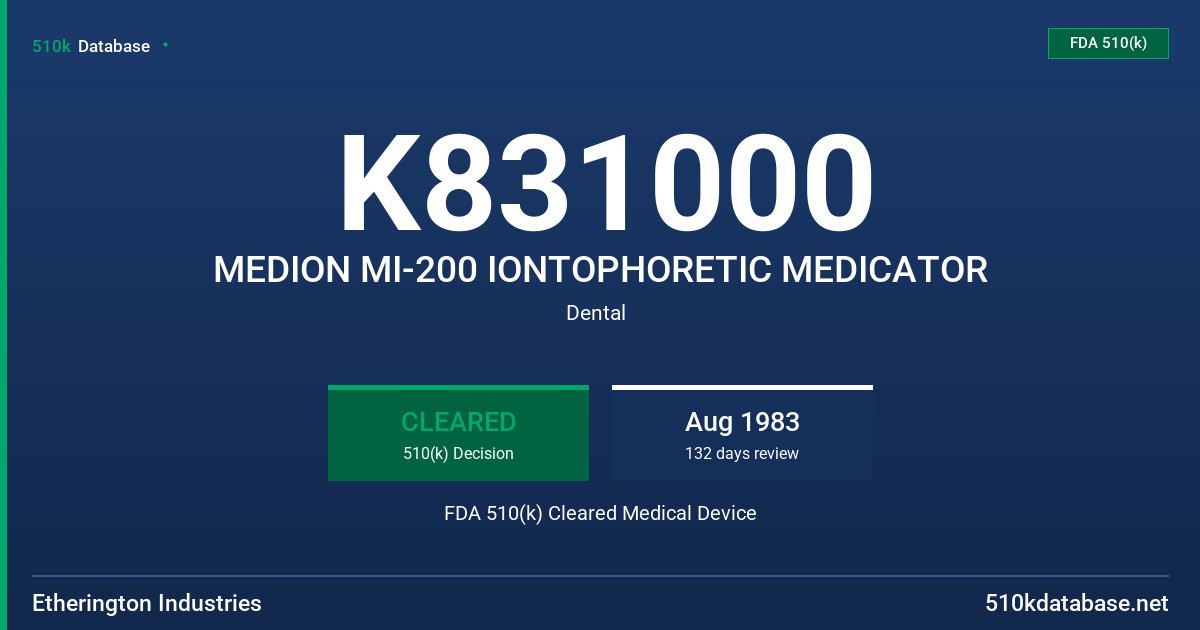 K831000 MEDION MI-200 IONTOPHORETIC MEDICATOR FDA 510(k) Cleared Medical Device