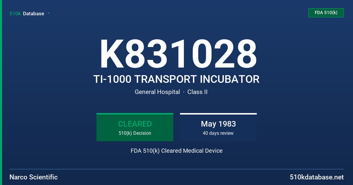 K831028 TI-1000 TRANSPORT INCUBATOR FDA 510(k) Cleared Medical Device