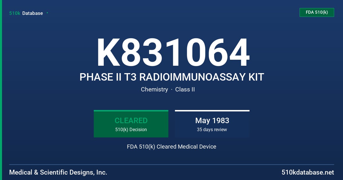 K831064 PHASE II T3 RADIOIMMUNOASSAY KIT FDA 510(k) Cleared Medical Device