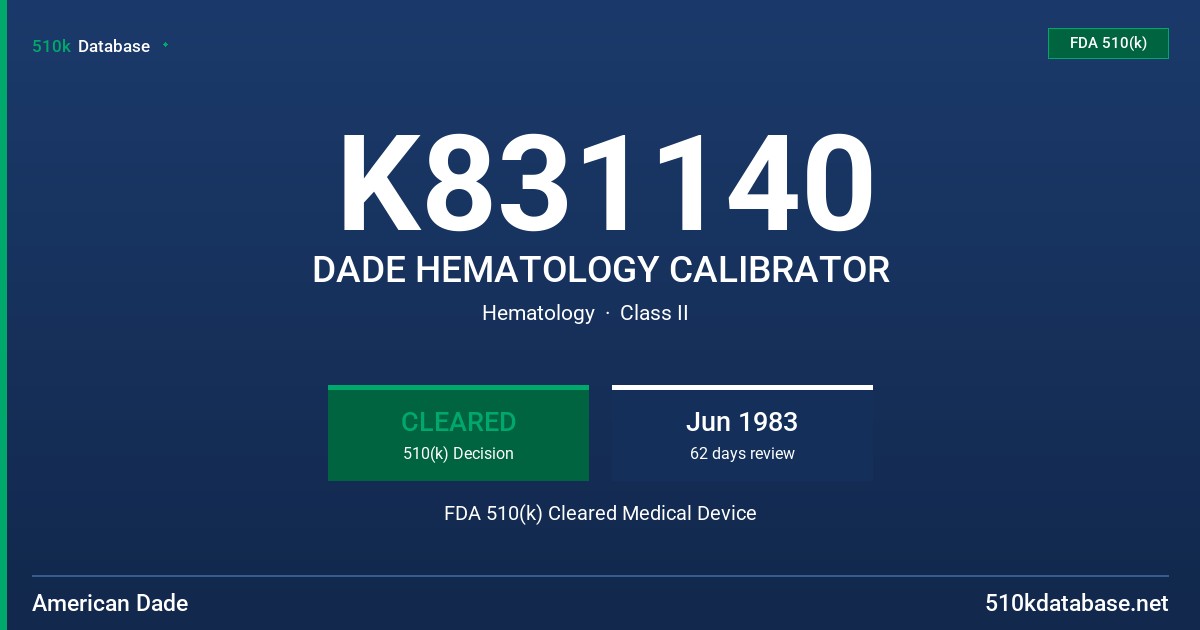 K831140 DADE HEMATOLOGY CALIBRATOR FDA 510(k) Cleared Medical Device