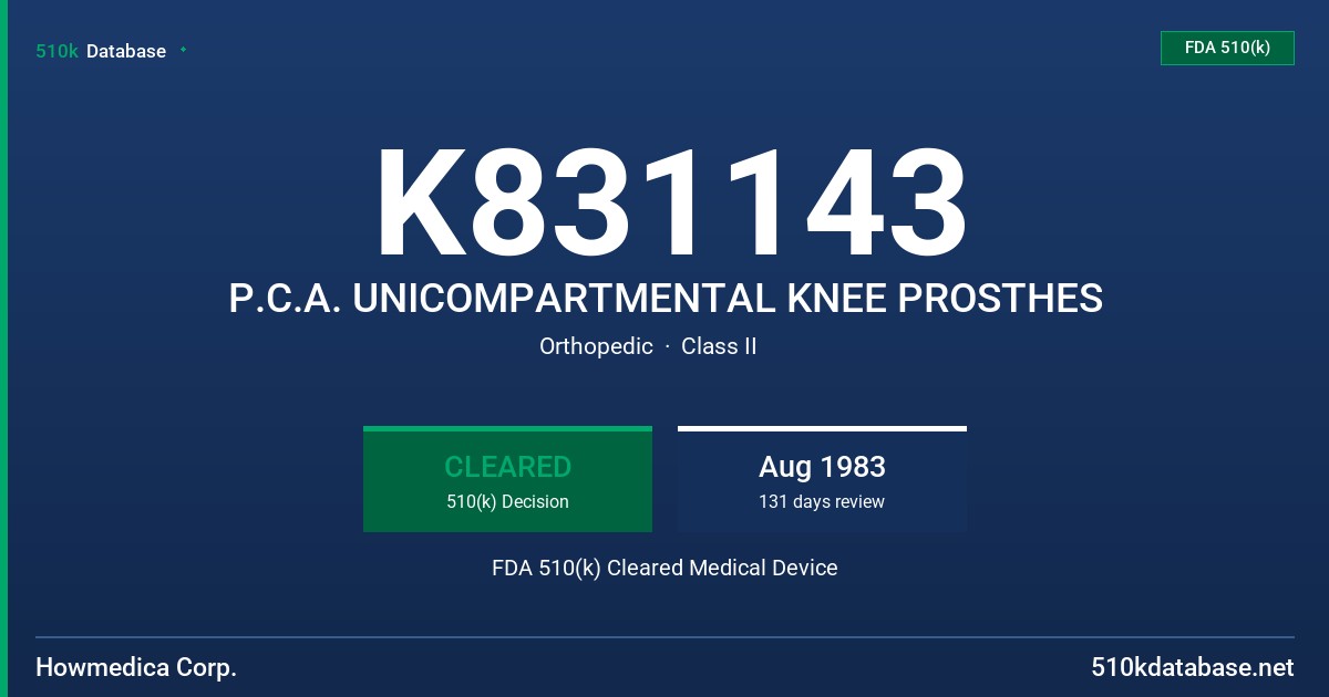 K831143 P.C.A. UNICOMPARTMENTAL KNEE PROSTHES FDA 510(k) Cleared Medical Device