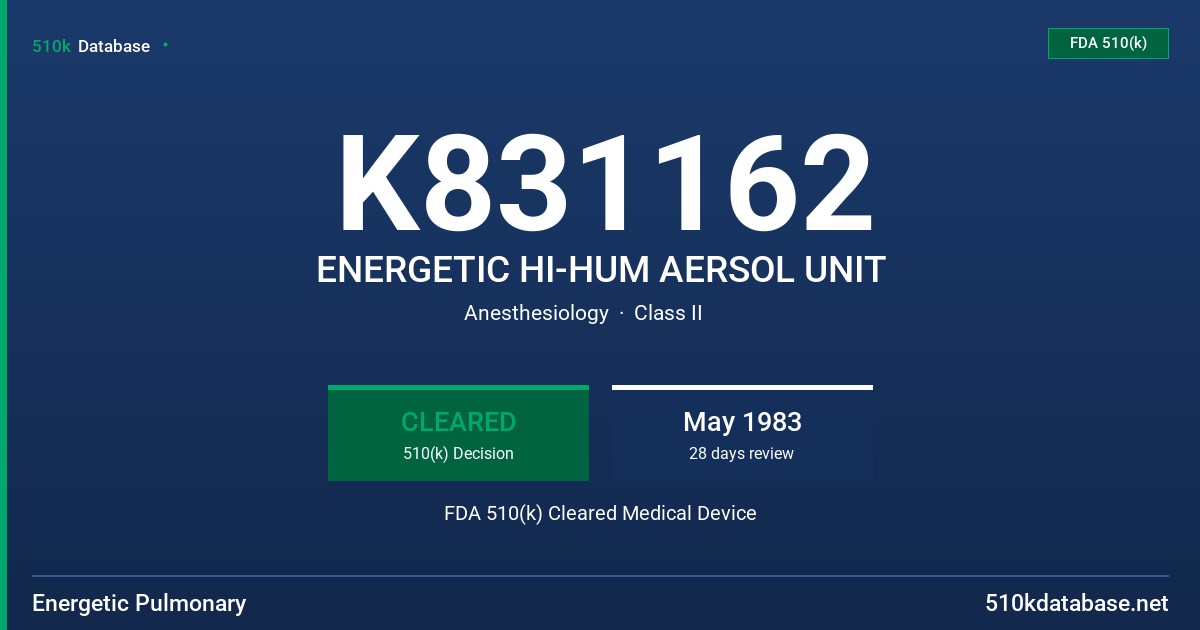 K831162 ENERGETIC HI-HUM AERSOL UNIT FDA 510(k) Cleared Medical Device