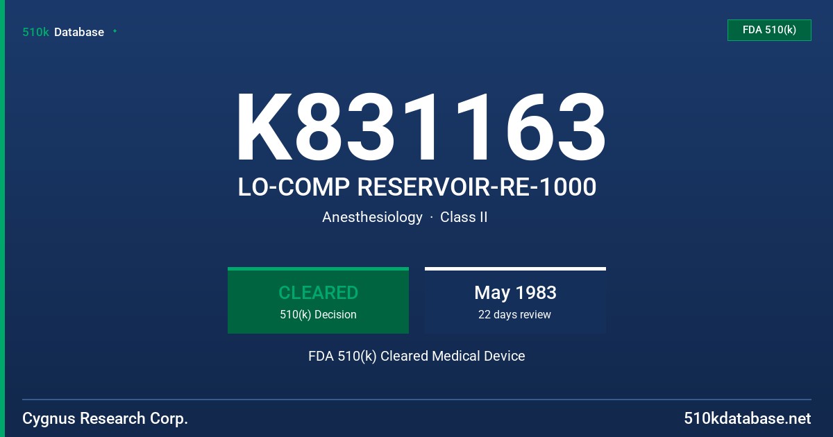 K831163 LO-COMP RESERVOIR-RE-1000 FDA 510(k) Cleared Medical Device