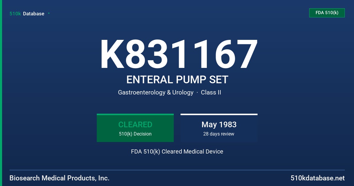 K831167 ENTERAL PUMP SET FDA 510(k) Cleared Medical Device