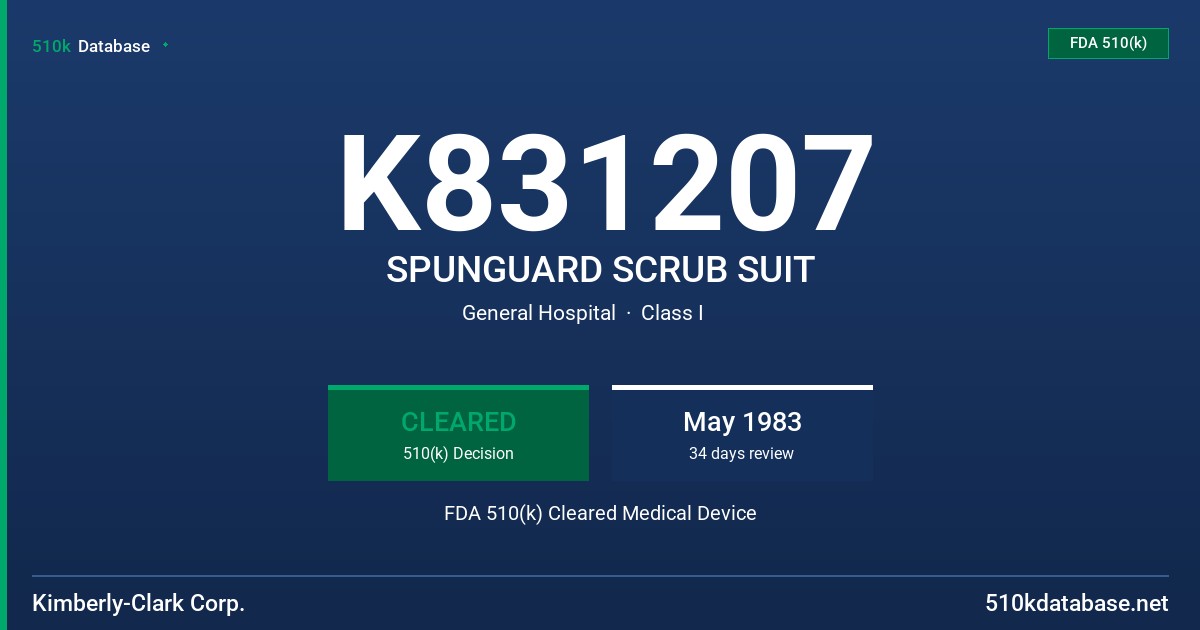 K831207 SPUNGUARD SCRUB SUIT FDA 510(k) Cleared Medical Device