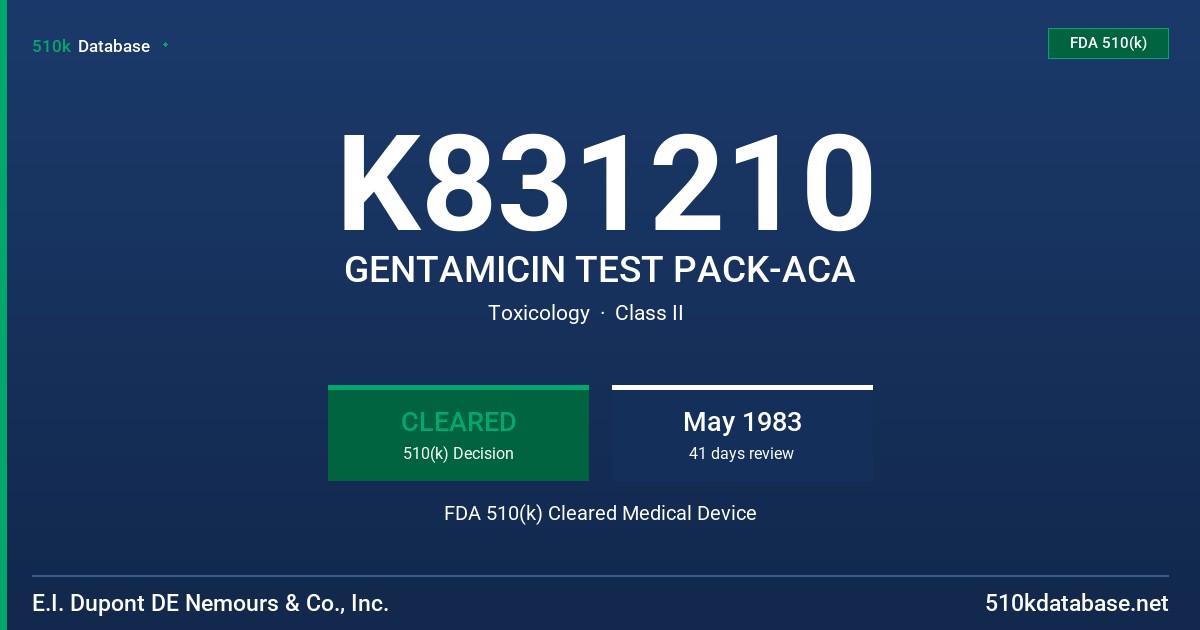 K831210 GENTAMICIN TEST PACK-ACA FDA 510(k) Cleared Medical Device